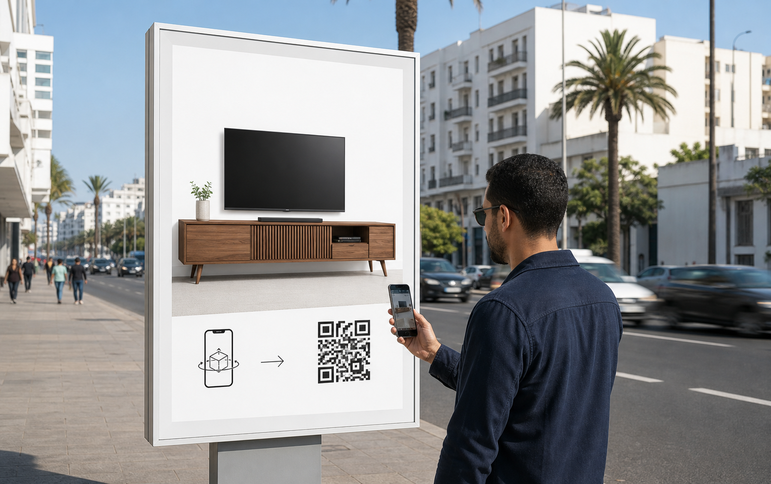 Homme qui scanne un QR code sur un panneau publicitaire Store 3D dans une rue de Casablanca.